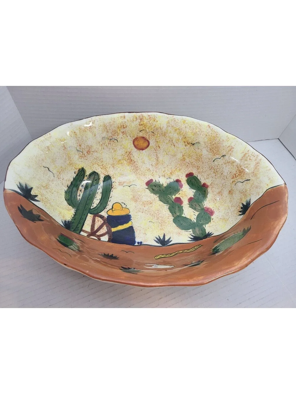 Vintage Mexican Folk Art Tlaquepaque Pottery Hand Painted Serving Bowl